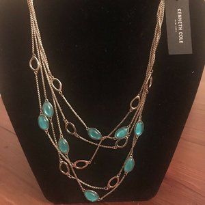 Kenneth Cole Multi Row Gold Necklace w/ Open Discs and Aqua Stones